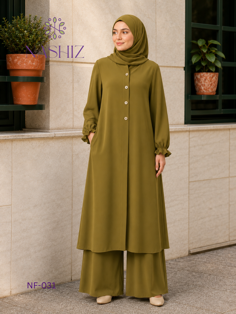 Long Top With Flare Pants - Button Front Teel Green