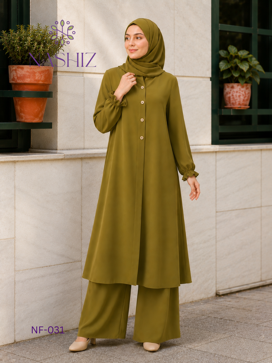 Long Top With Flare Pants - Button Front Teel Green