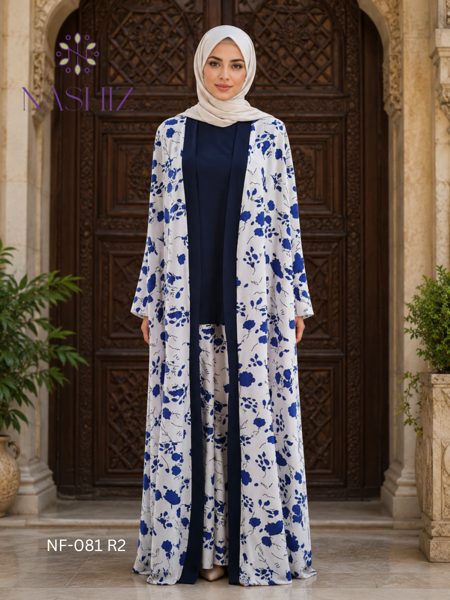 Printed Kimono With Black Inner - 3pc With Pant