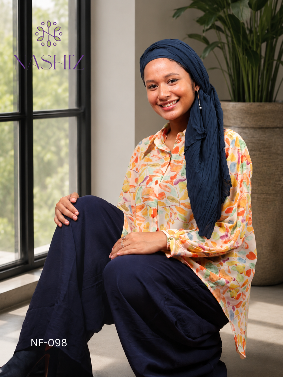 Floral Front Short Top With Blue Flared Pant