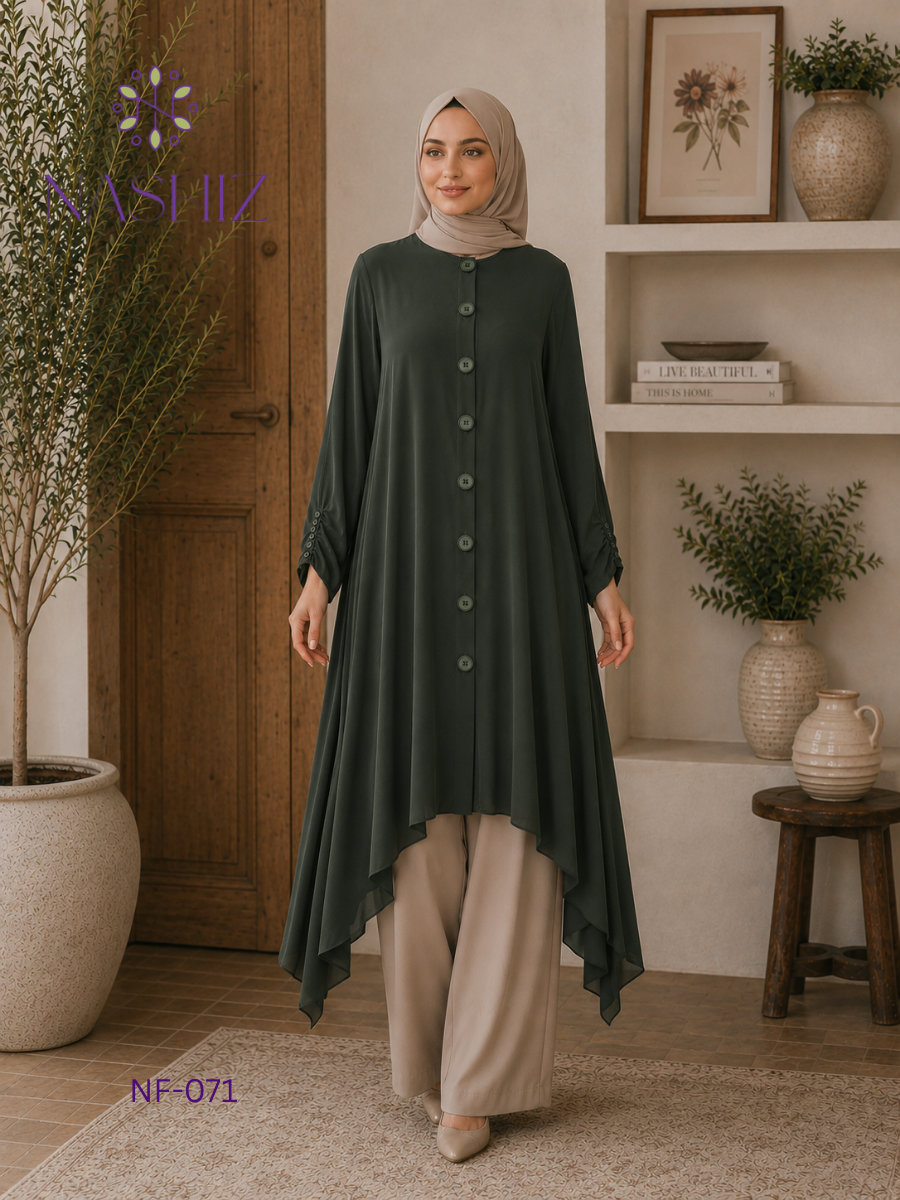 Button Front Long Top – Green/Blue