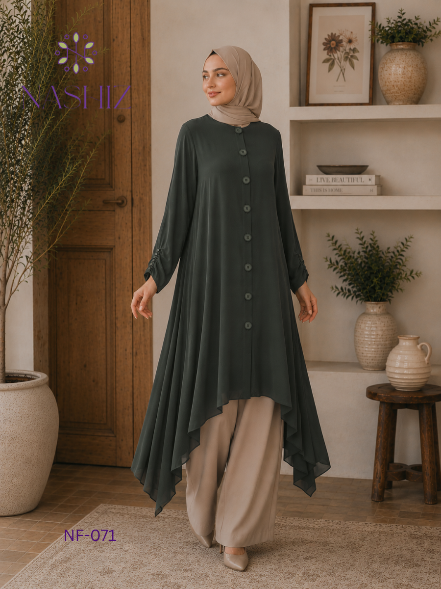 Button Front Long Top – Green/Blue