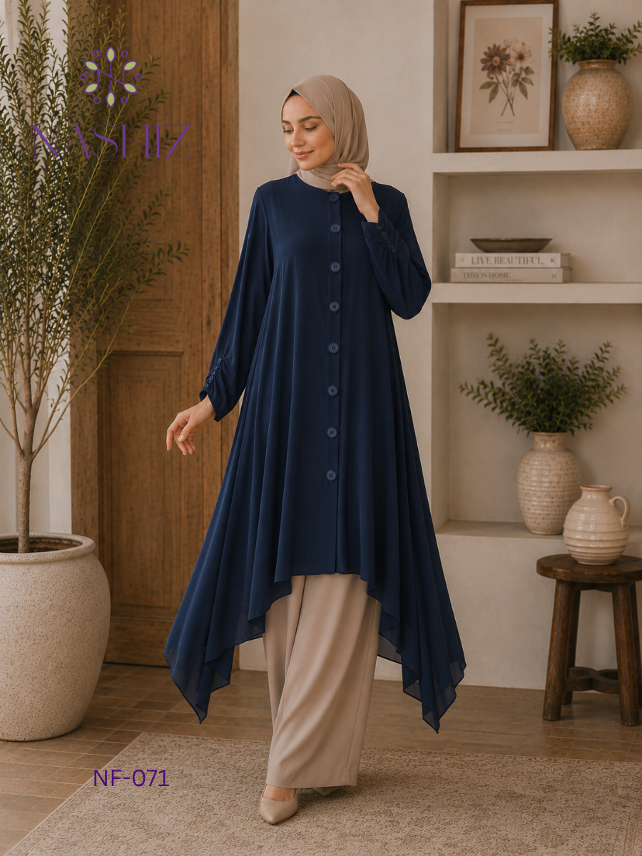 Button Front Long Top – Green/Blue