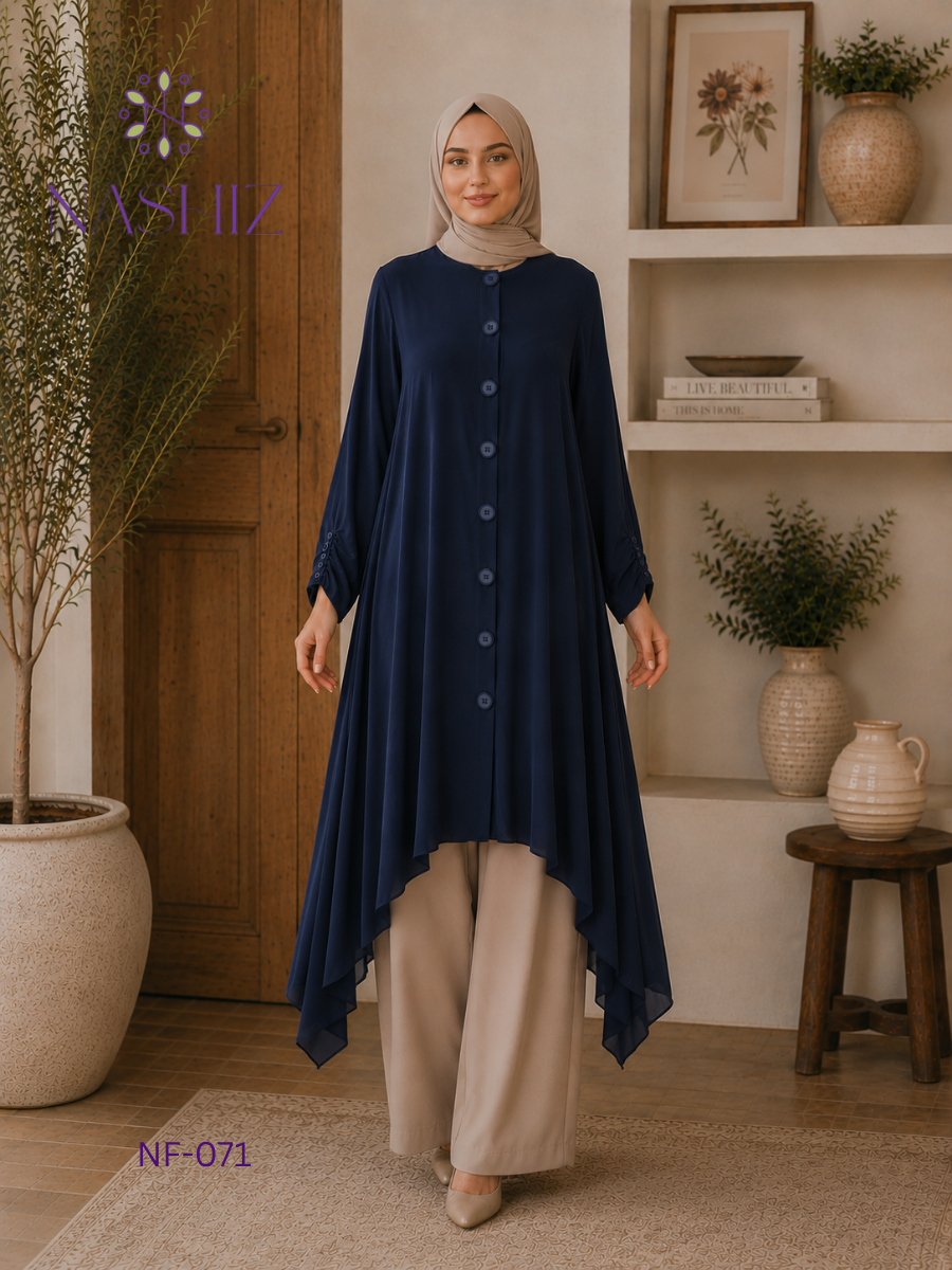Button Front Long Top – Green/Blue