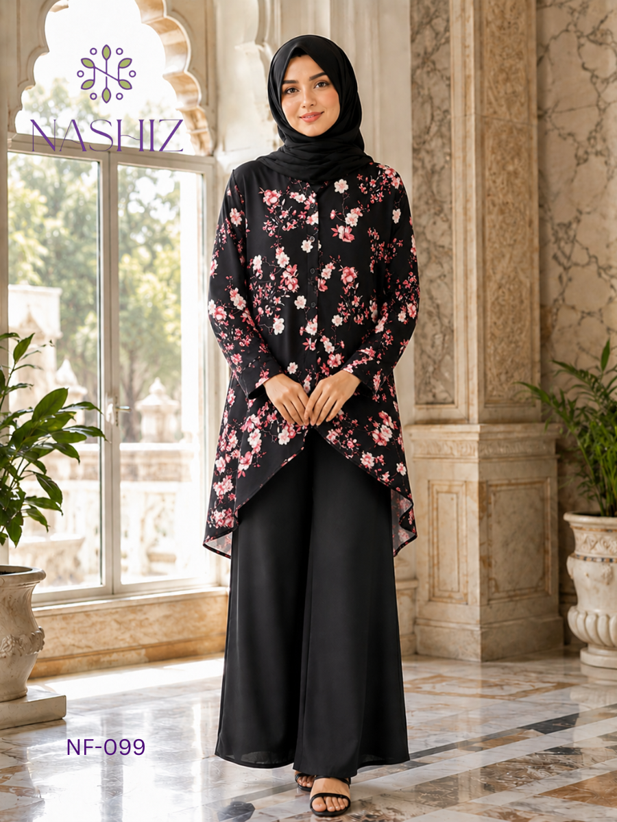 Black Floral Front Short Top