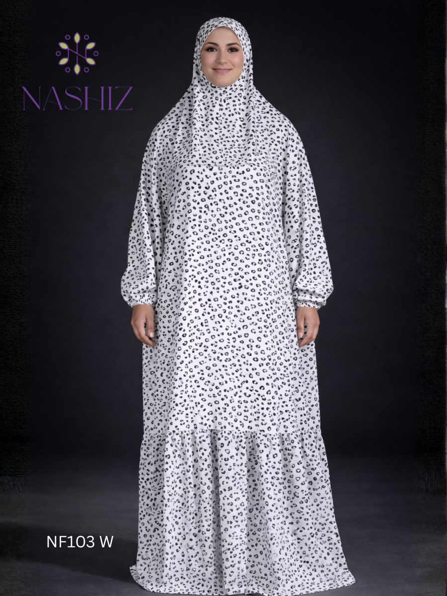 Soft Satin Prayer Cloth Top – White With Black Jaguar Print