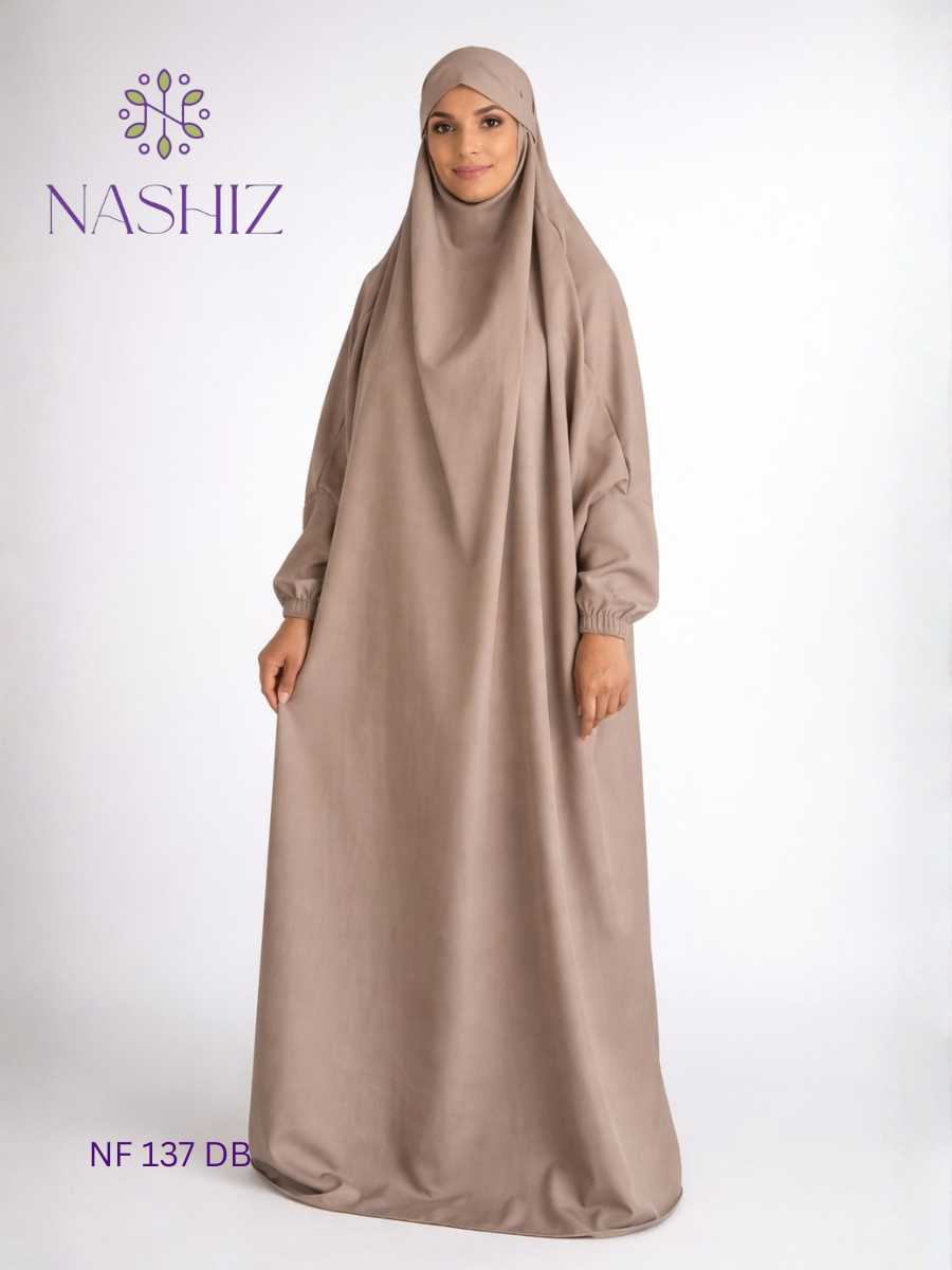 Moss Crepe Full Egyptian Jilbab Prayer Cloth – Dark Beige With Pockets