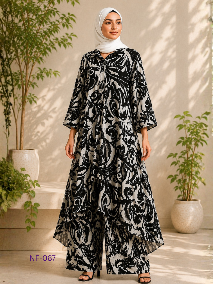 Printed Front Short Top With Flare Pant