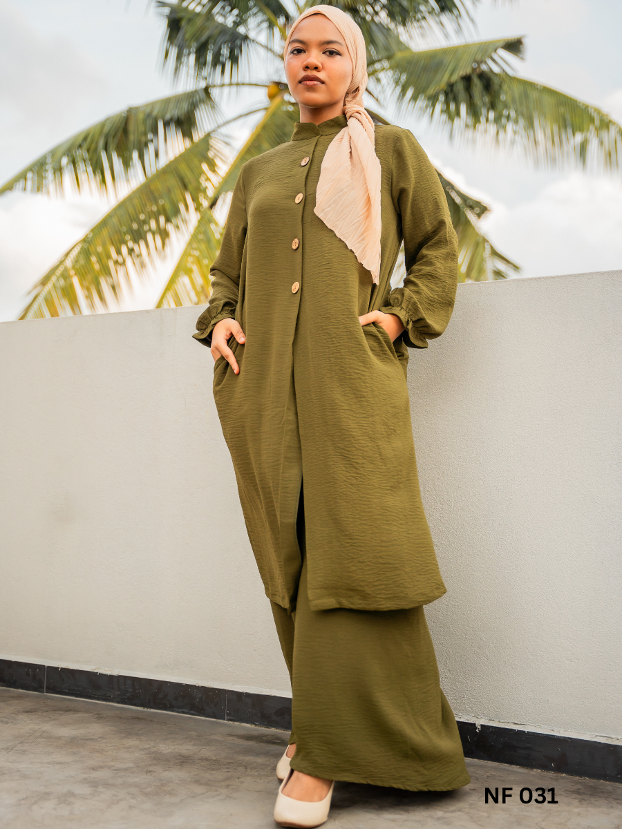 Long Top With Flare Pants - Button Front Olive Green