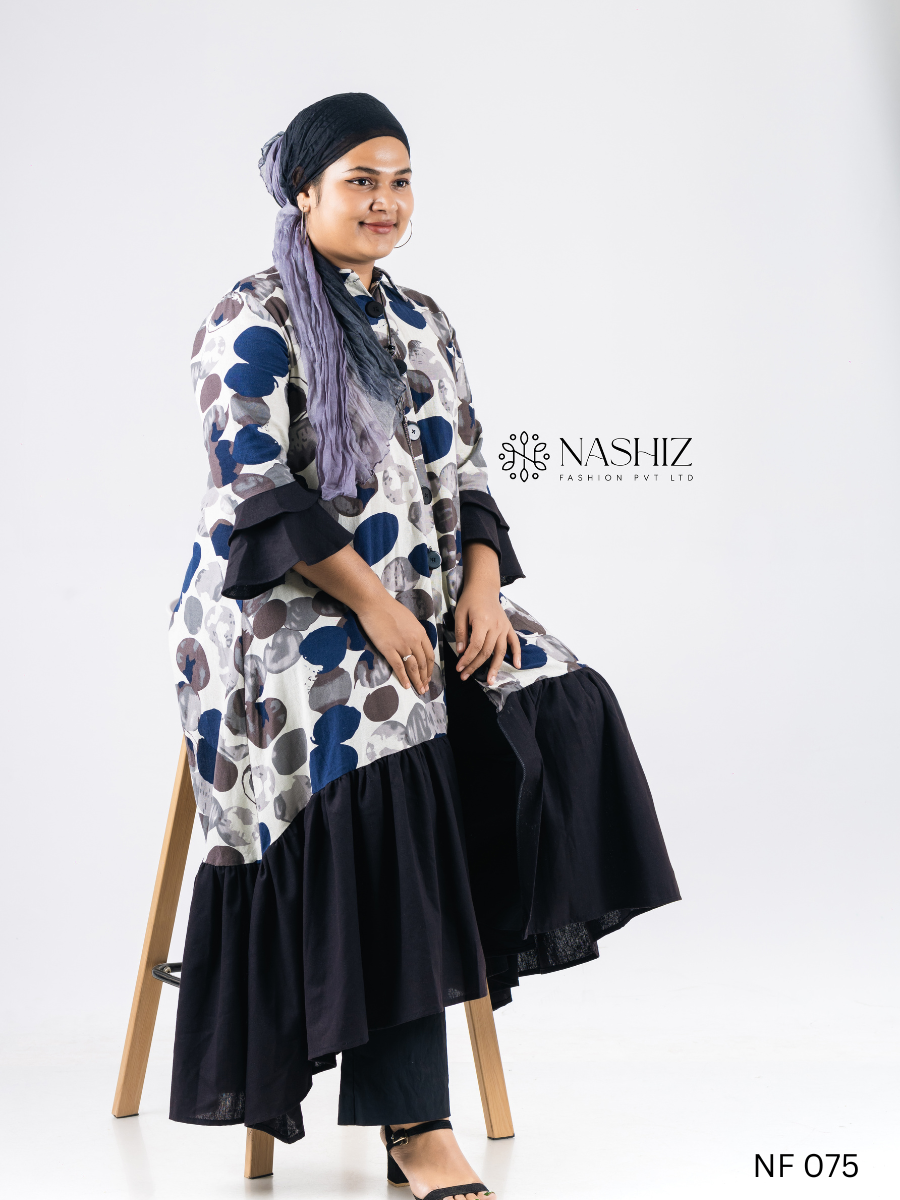 Printed Ruffle Style Long Dress Front Open