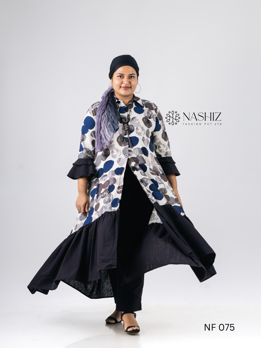 Printed Ruffle Style Long Dress Front Open