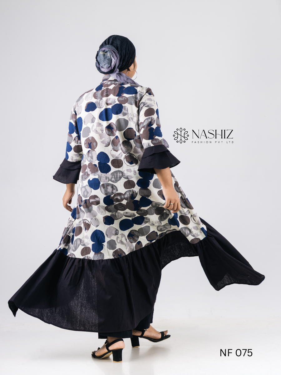 Printed Ruffle Style Long Dress Front Open