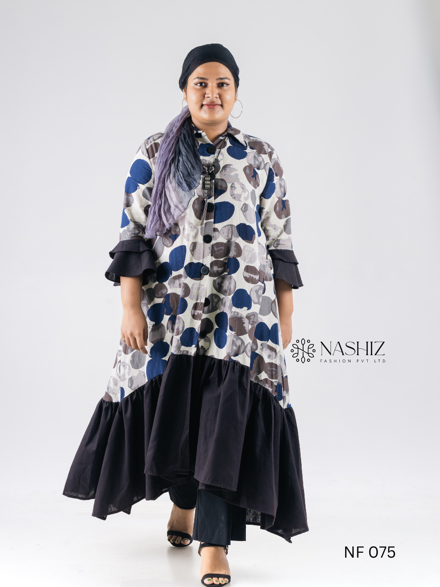 Printed Ruffle Style Long Dress Front Open