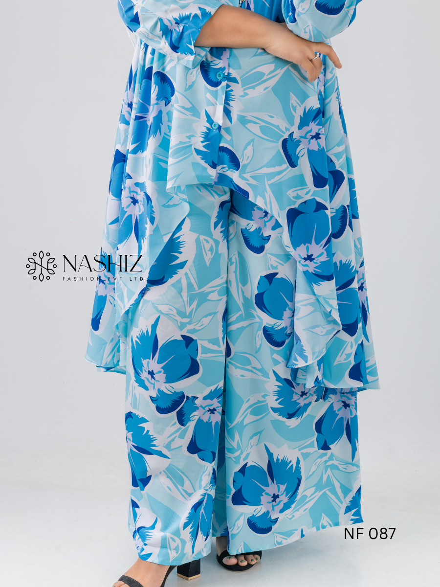 Printed Front Short Top With Flare Pant