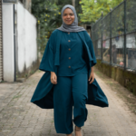 Three-piece long kimono-style suit with a button-up inner
