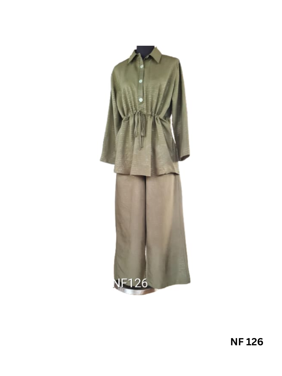 Two-piece set with flare pants and long buttoned shirt, featuring collar, long sleeves, and drawstring waist.